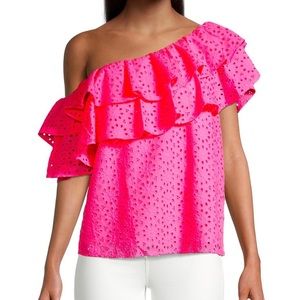 Lilly Pulitzer Trixie Ruffle Off Shoulder Top- Neon Sunburst Eyelet Raz Berry XL